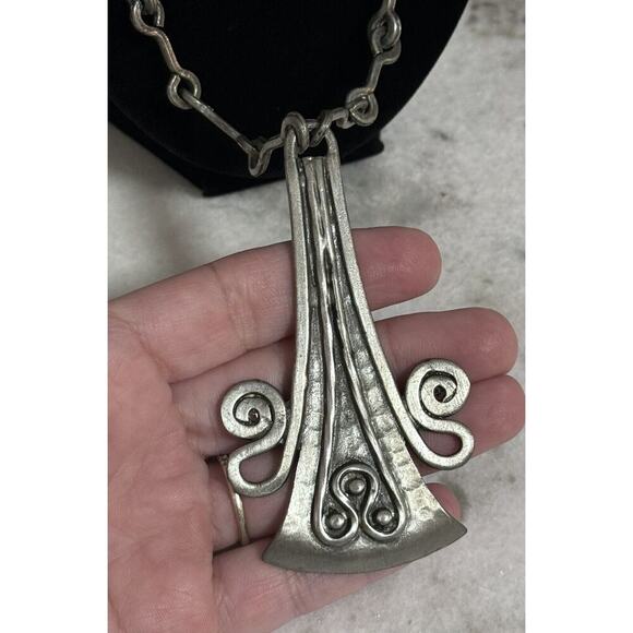Vintage MCM Denmark Lysgard Pewter Long Brutalist Pendant Necklace 21in - Picture 3 of 9